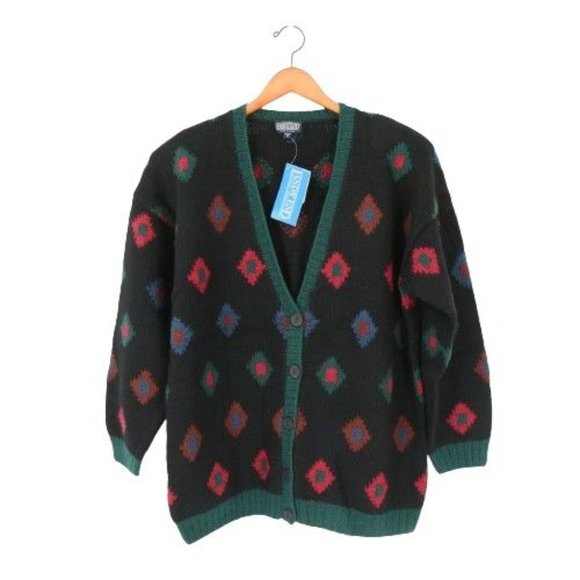 NWT Lands End Vintage Handknit Wool Geometric Black V-Neck Cardigan Sweater M - Picture 1 of 4